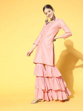 Women Pink Woven Design Kurta Sharara With Dupatta